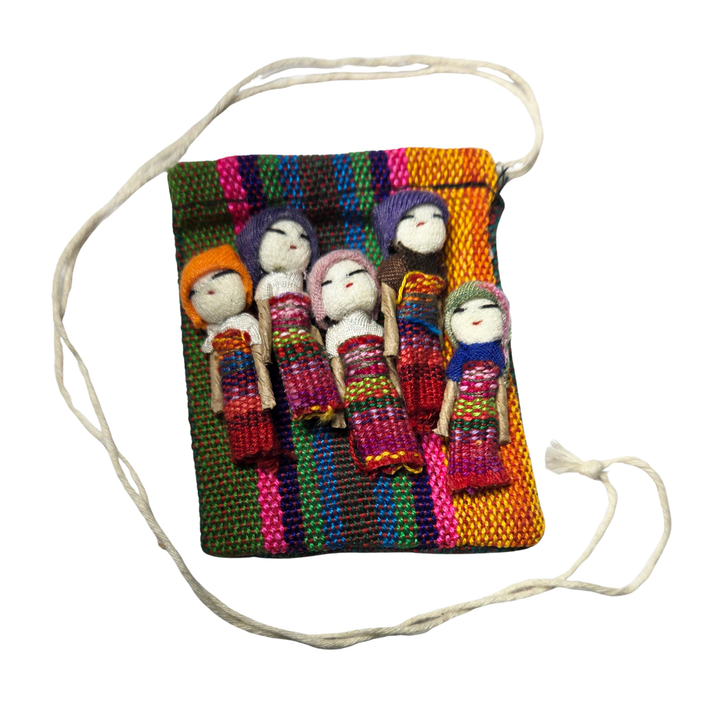 Traditional Guatemalan Worry Dolls – Set of 5 with Handwoven Jaspe (Ikat) Pouch