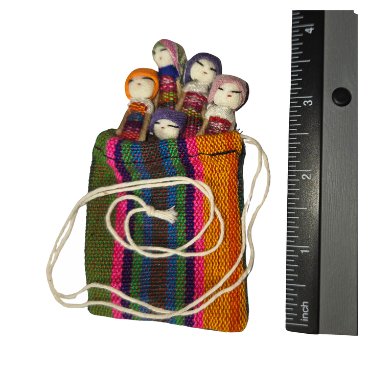 Traditional Guatemalan Worry Dolls – Set of 5 with Handwoven Jaspe (Ikat) Pouch