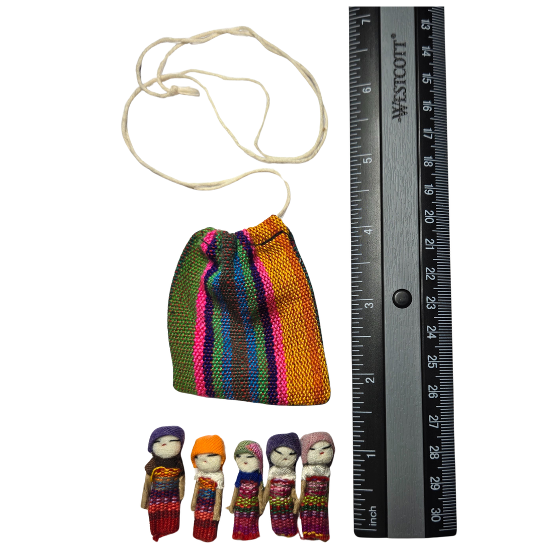 Traditional Guatemalan Worry Dolls – Set of 5 with Handwoven Jaspe (Ikat) Pouch