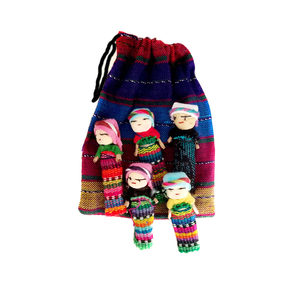Traditional Guatemalan Worry Dolls – Set of 5 with Handwoven Ikat Fabric Pouch