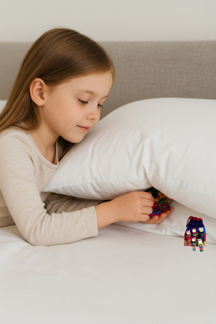 Traditional Guatemalan Worry Dolls – Set of 5 with Handwoven Ikat Fabric Pouch