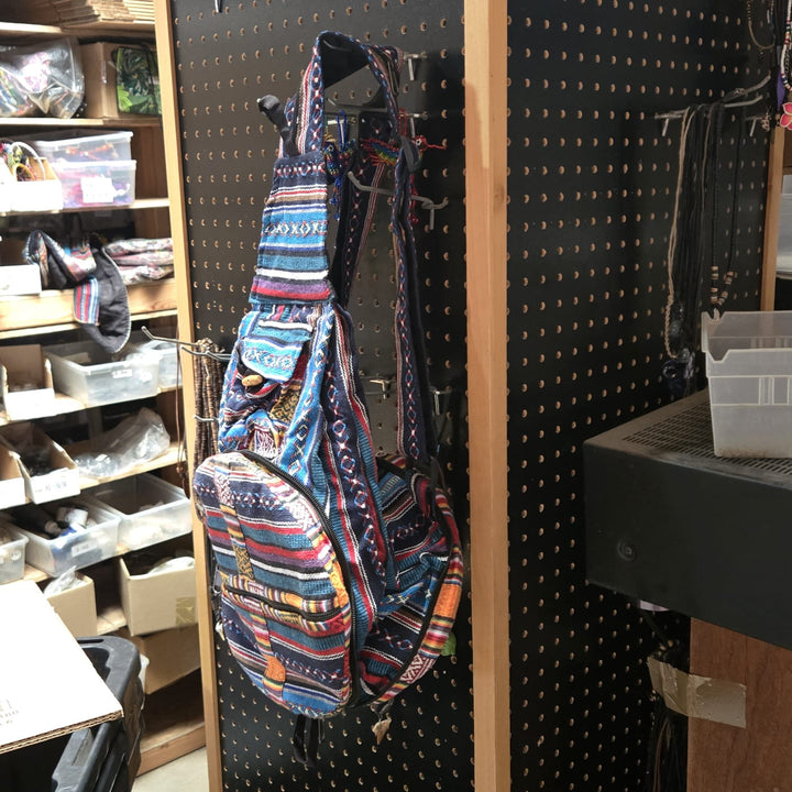 FOLDING HEMP PATCHWORK SLING BAG BACKPACK - PACKS INTO ITSELF FOR EASY STORAGE