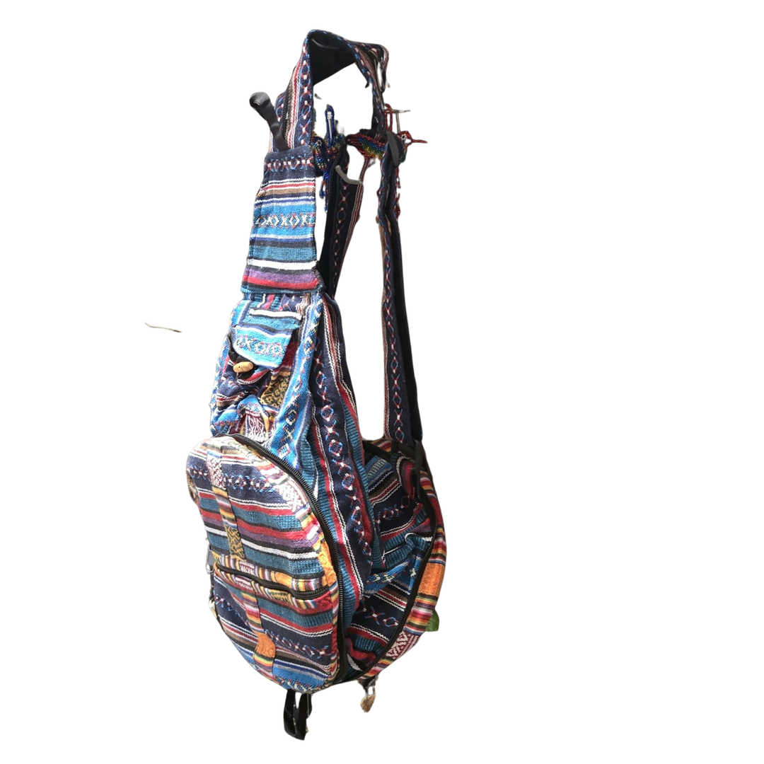 FOLDING HEMP PATCHWORK SLING BAG BACKPACK - PACKS INTO ITSELF FOR EASY STORAGE