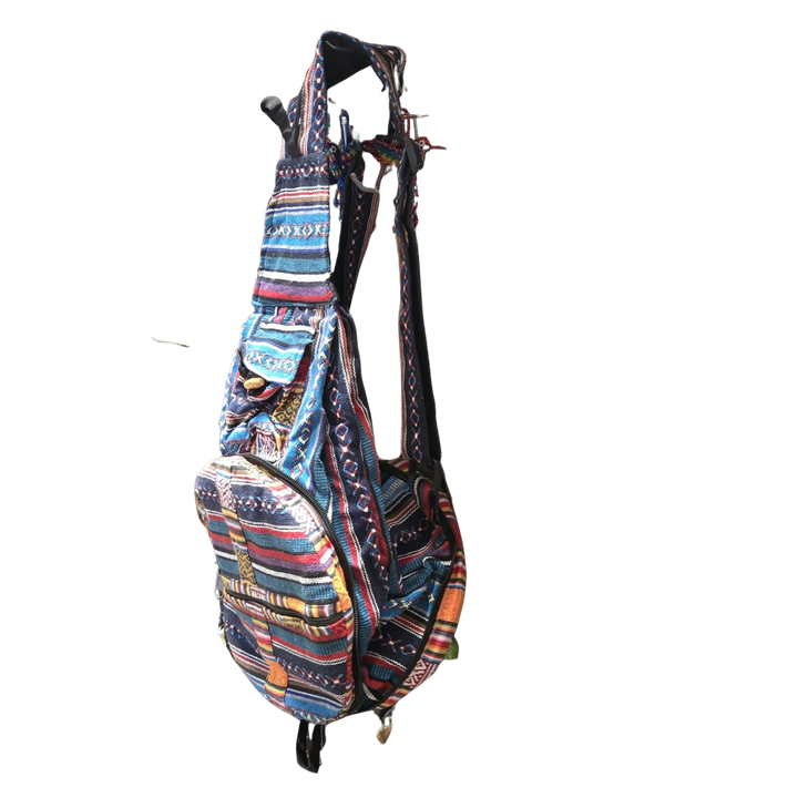 FOLDING HEMP PATCHWORK SLING BAG BACKPACK - PACKS INTO ITSELF FOR EASY STORAGE