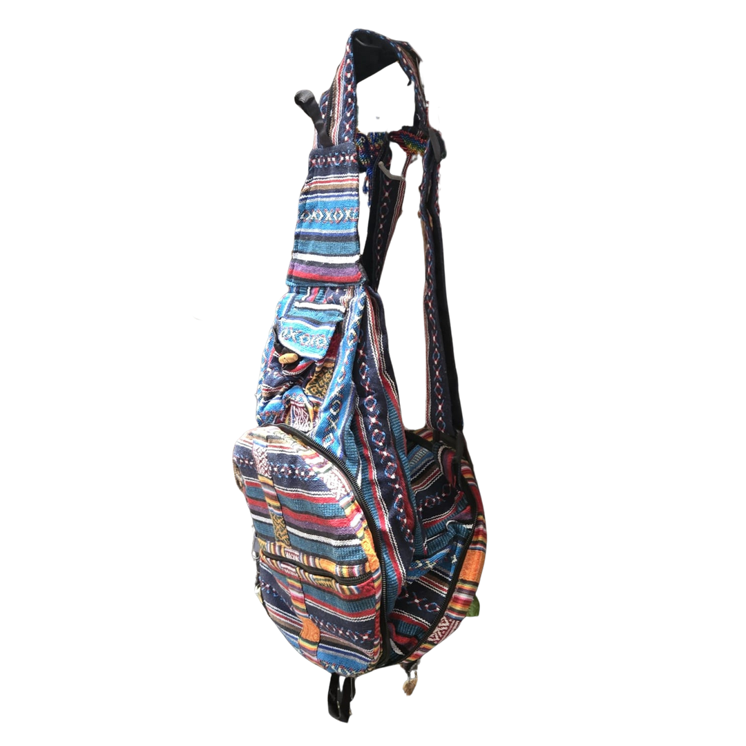 FOLDING HEMP PATCHWORK SLING BAG BACKPACK - PACKS INTO ITSELF FOR EASY STORAGE