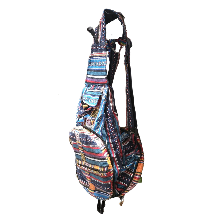 FOLDING HEMP PATCHWORK SLING BAG BACKPACK - PACKS INTO ITSELF FOR EASY STORAGE