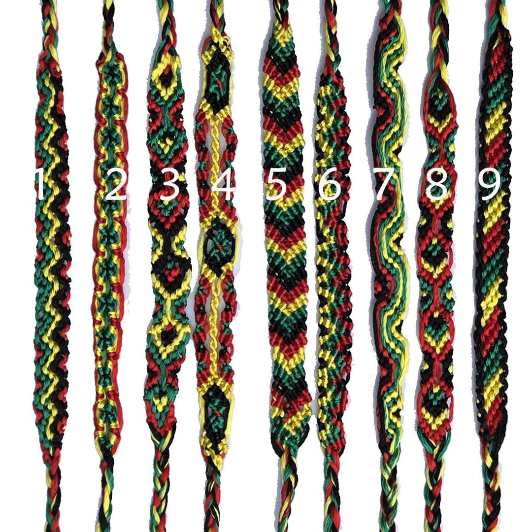 Nine Rasta friendship bracelets side-by-side, handmade woven bracelet chevron and braid, vibrant silk threads