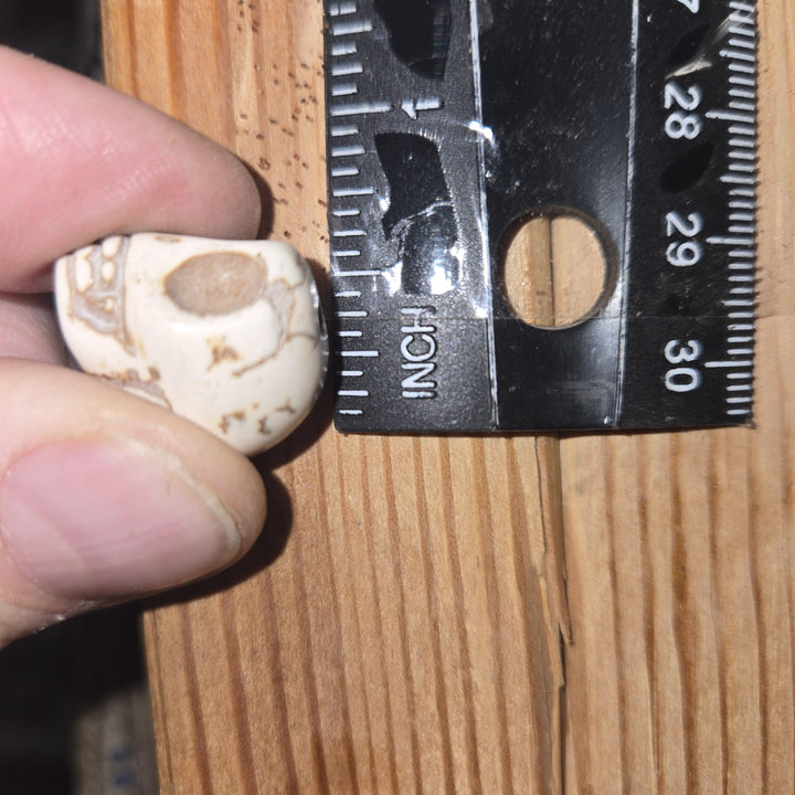 White howlite-style skull bead by ruler showing drilled hole, dyed magnesite beads, bulk skull beads