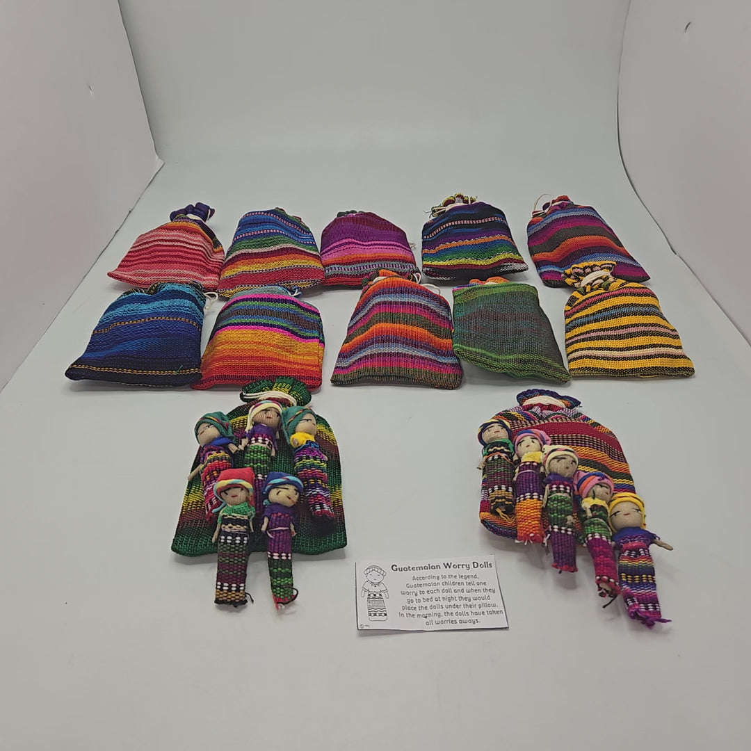 Traditional Guatemalan Worry Dolls – Set of 5 with Handwoven Ikat Fabric Pouch