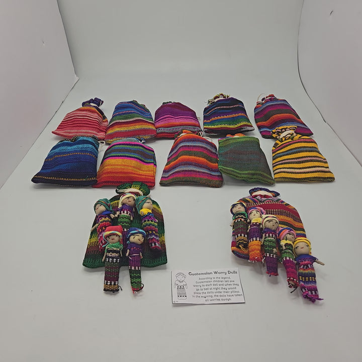Traditional Guatemalan Worry Dolls – Set of 5 with Handwoven Ikat Fabric Pouch
